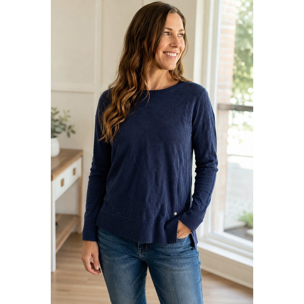 Eddie Bauer Womens Navy Blue 100% Cotton Lightweight Crew Neck Sweater Large